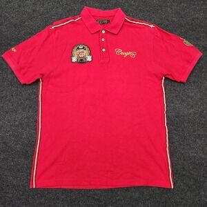 Coogi Mens Large Red Polo Rugby Shirt Gold Embroidered Short Sleeves Hip Hop